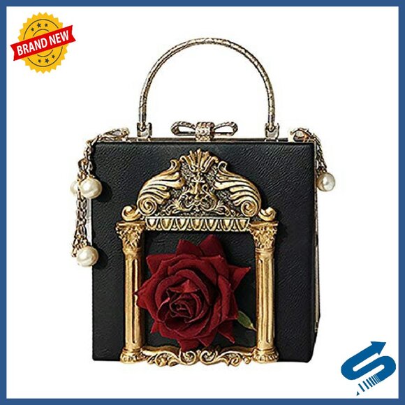 Formal Evening Clutch with Pearl Chain, Baroque Style PU Fabric
